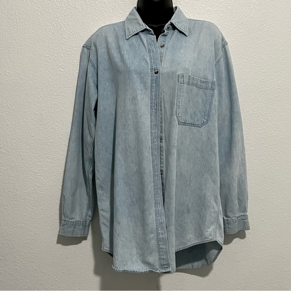 Vtg 80s Oversized Drop Shoulder Hunt Club Light Wash Denim Shirt Tunic Dress M T